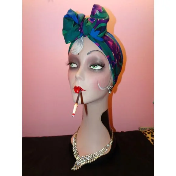 Vintage Purple & Blue Floral Scarf pinup retro rockabilly head wrap bow neck - Picture 7 of 10